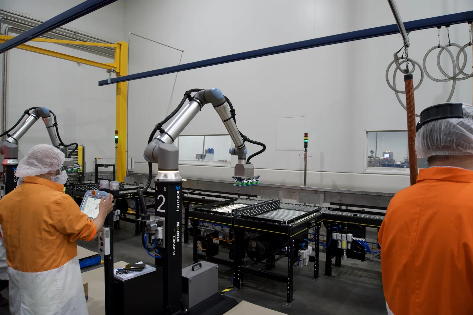 Operator working alongside collaborative palletising robot